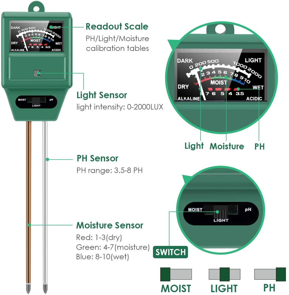 3 in 1 Soil Moisture Meter, Light and PH Acidity Tester Detector - Click Image to Close