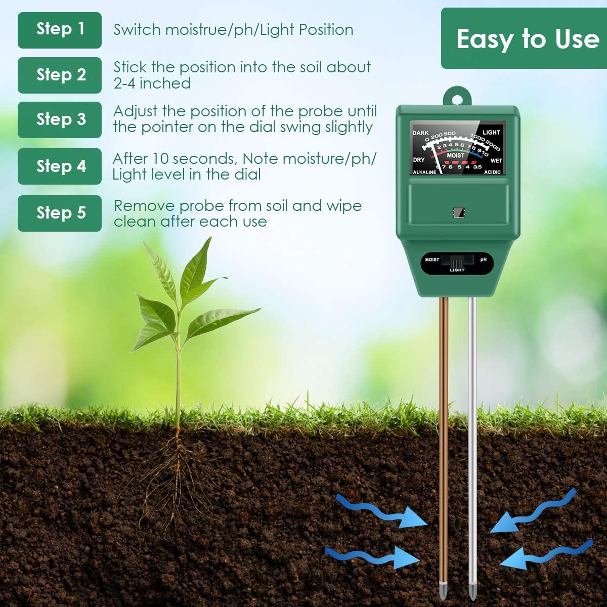 3 in 1 Soil Moisture Meter, Light and PH Acidity Tester Detector - Click Image to Close
