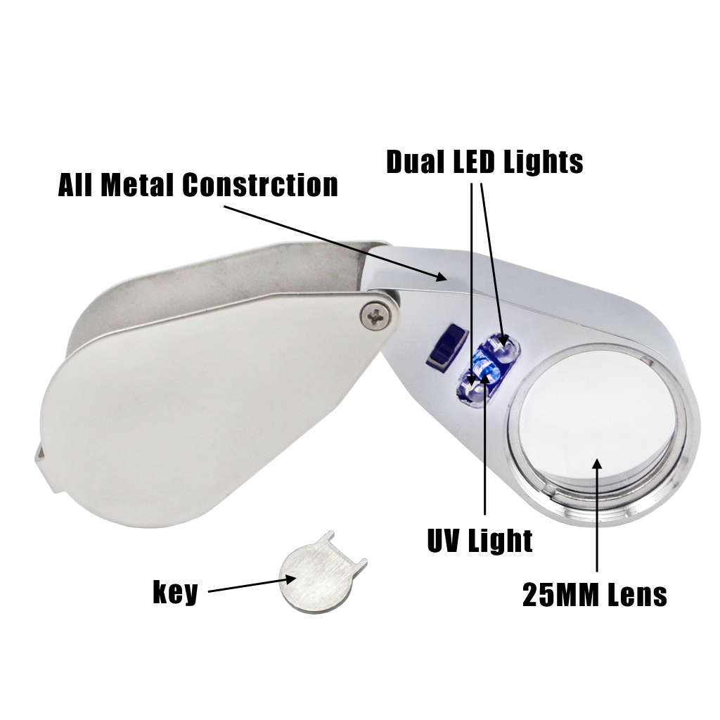 iKKEGOL 40x 25mm Magnifier Optical Glass Jeweler Loupe with LED
