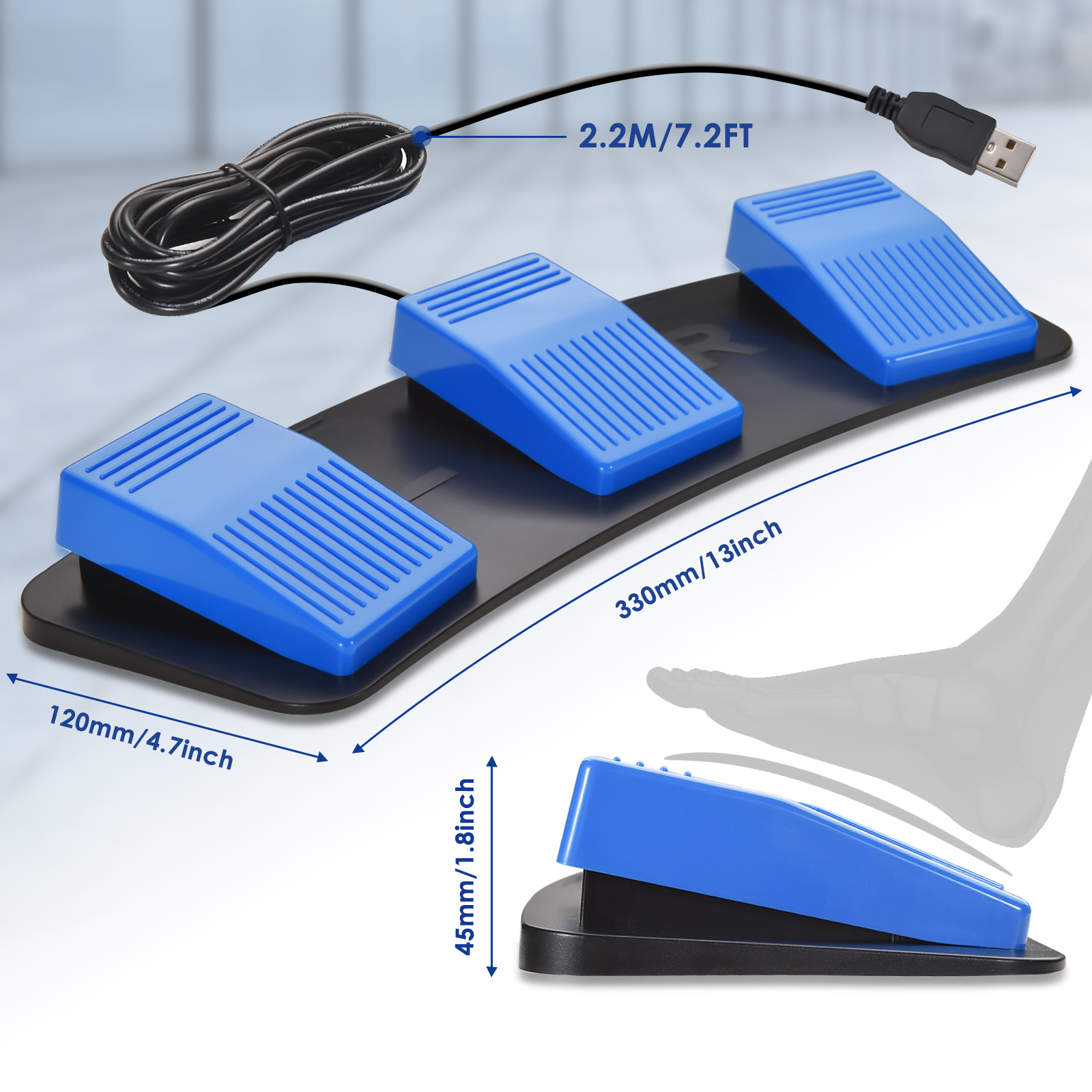 iKKEGOL 2023 USB Foot Triple Switch Blue Pedal HID