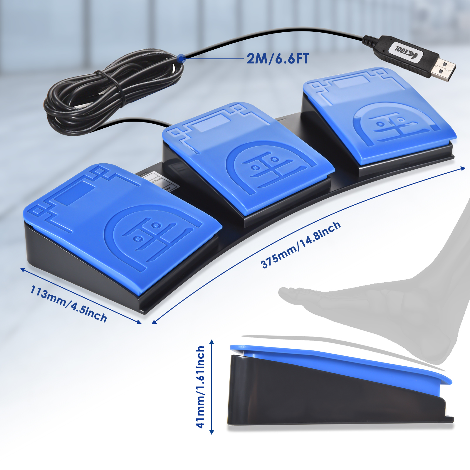 iKKEGOL Upgraded USB Triple Foot Optics Blue Pedal Switch - Click Image to Close