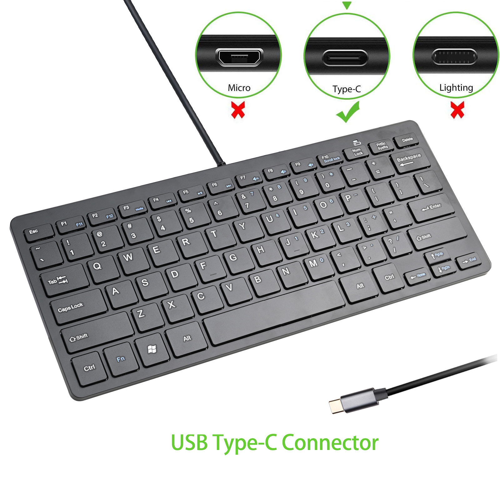 2 in1 USB-C Ultra Slim 78 Scissor Keys Compact Wired Keyboard