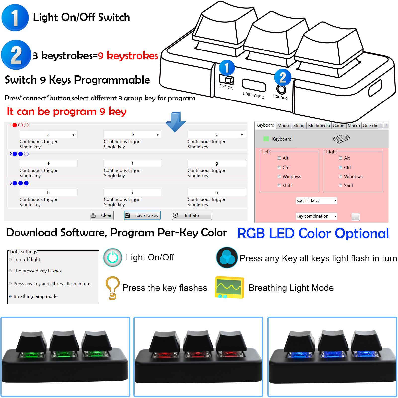 2022 Upgrade Bluetooth Customize Triple 3 keys Mini Keyboard - Click Image to Close