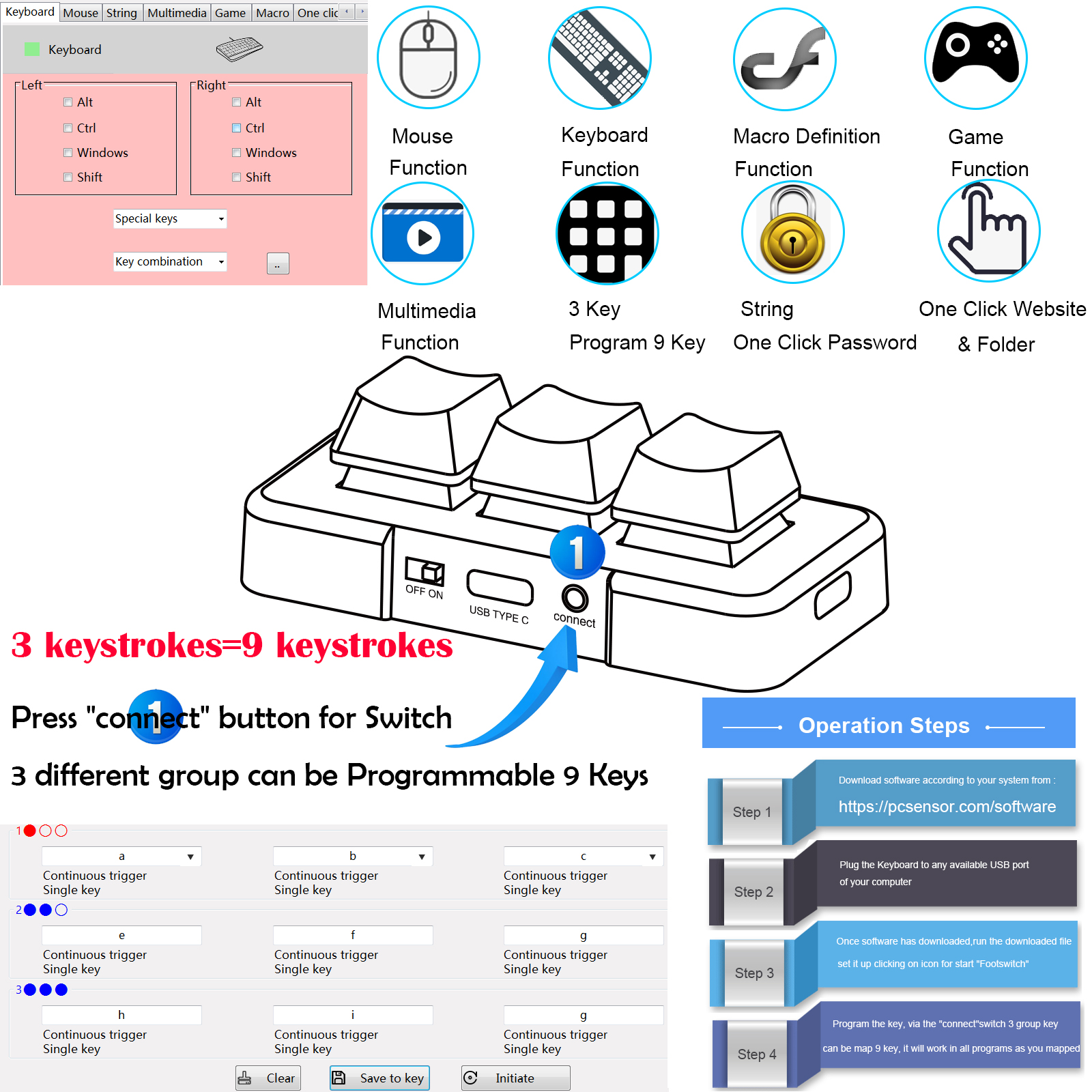 2022 Upgrade USB Customize Triple 3-keys Shortcut Mini Keyboard