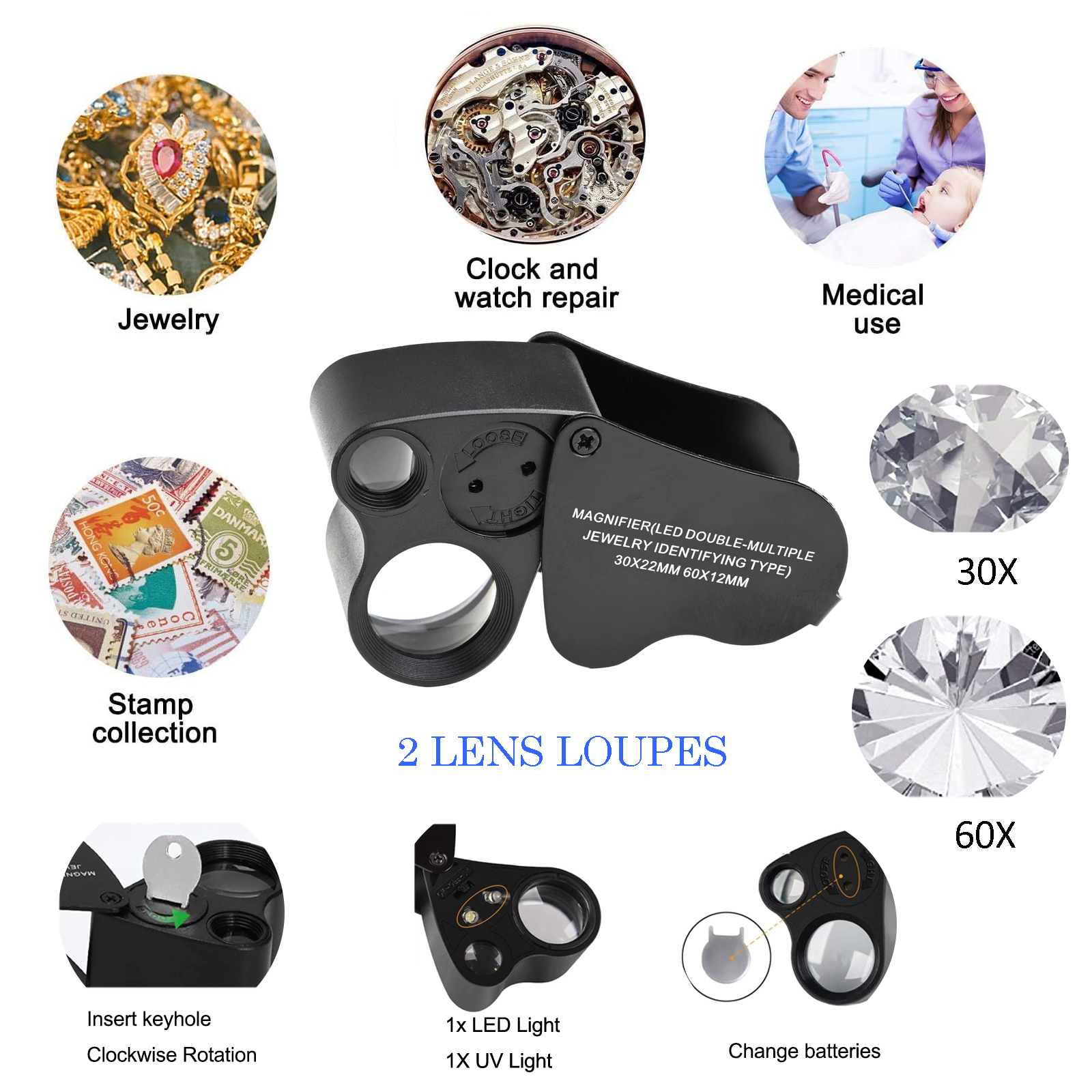 JARLINK 2 Pack 30X 60X Illuminated Jewelers Eye Loupe Magnifier, Foldable  Jewelry Magnifiers with Bright LED Light for Gems, Jewelry, Coins, Stamps,  etc (White & Black) White,black