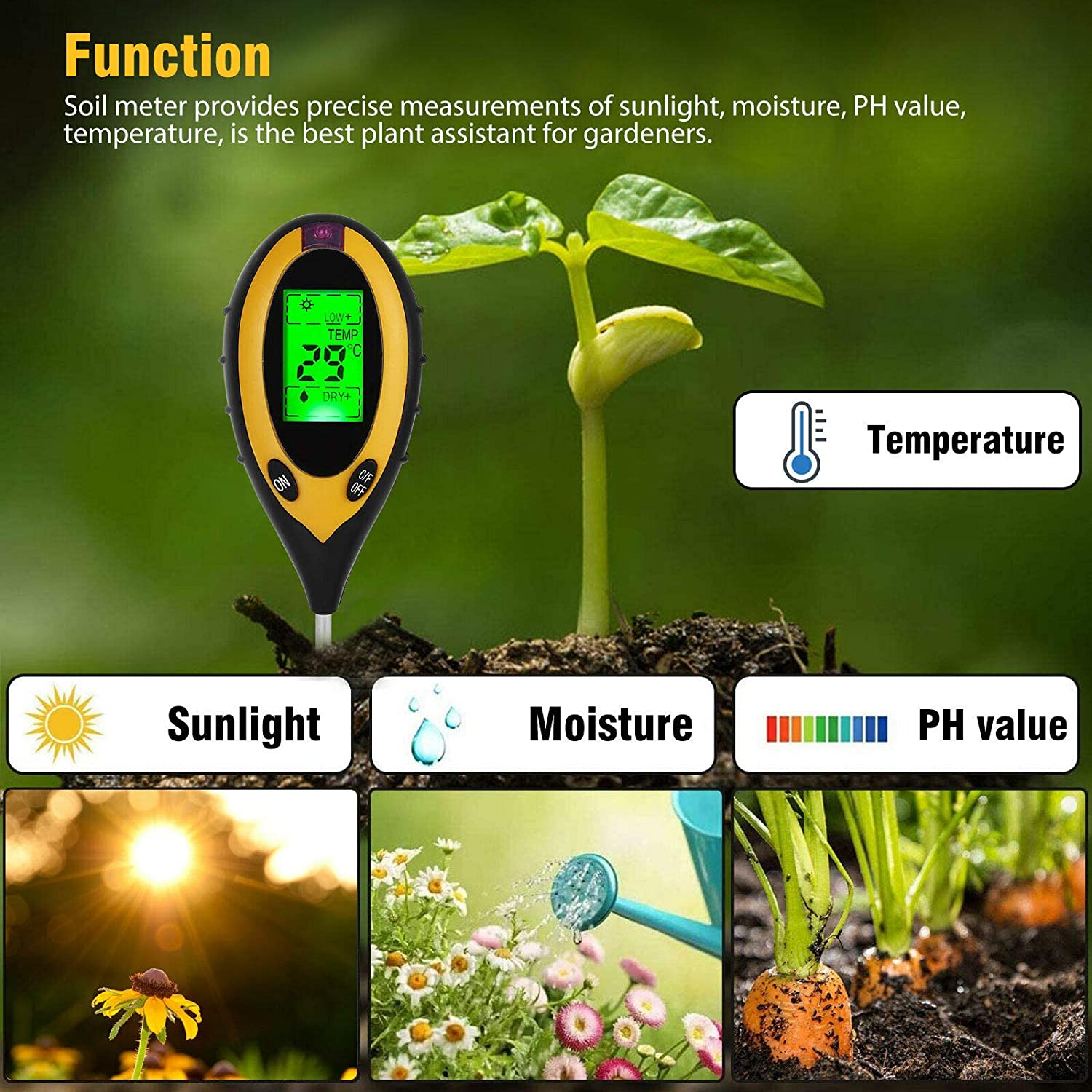 4 in 1 Soil PH Temperature Water Moisture Meter Plant Light PH