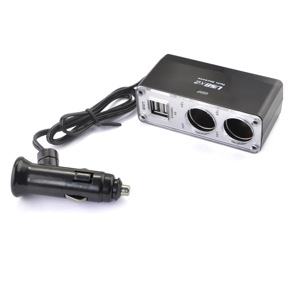Twin Socket Car Cigarette Lighter Power Charger Adapter Dual USB - Click Image to Close