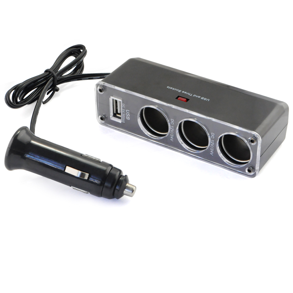 Triple Socket Car Cigarette Lighter Charger With USB