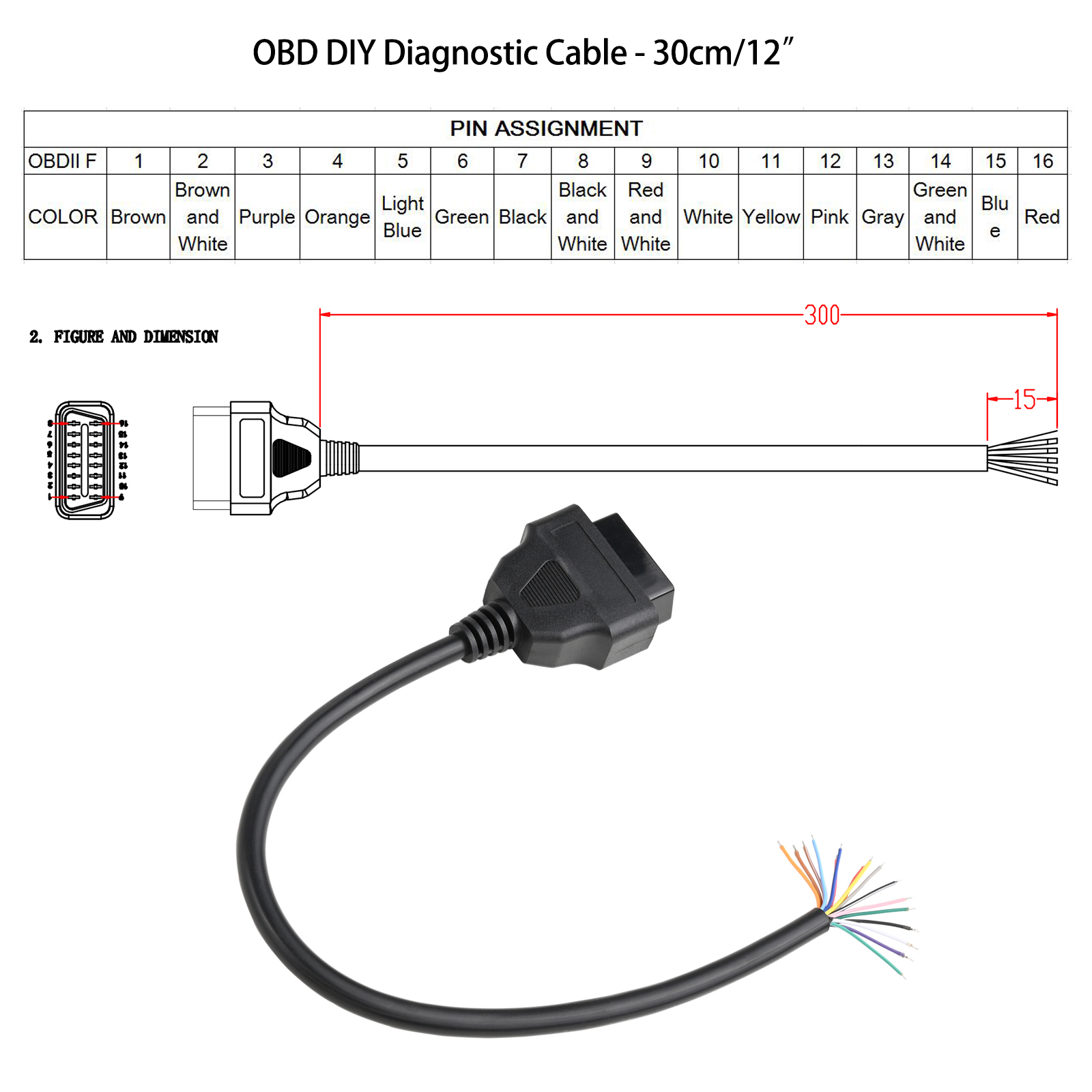 30cm 16-Pin OBD2 Female Connector Pigtail DIY Cable Cord