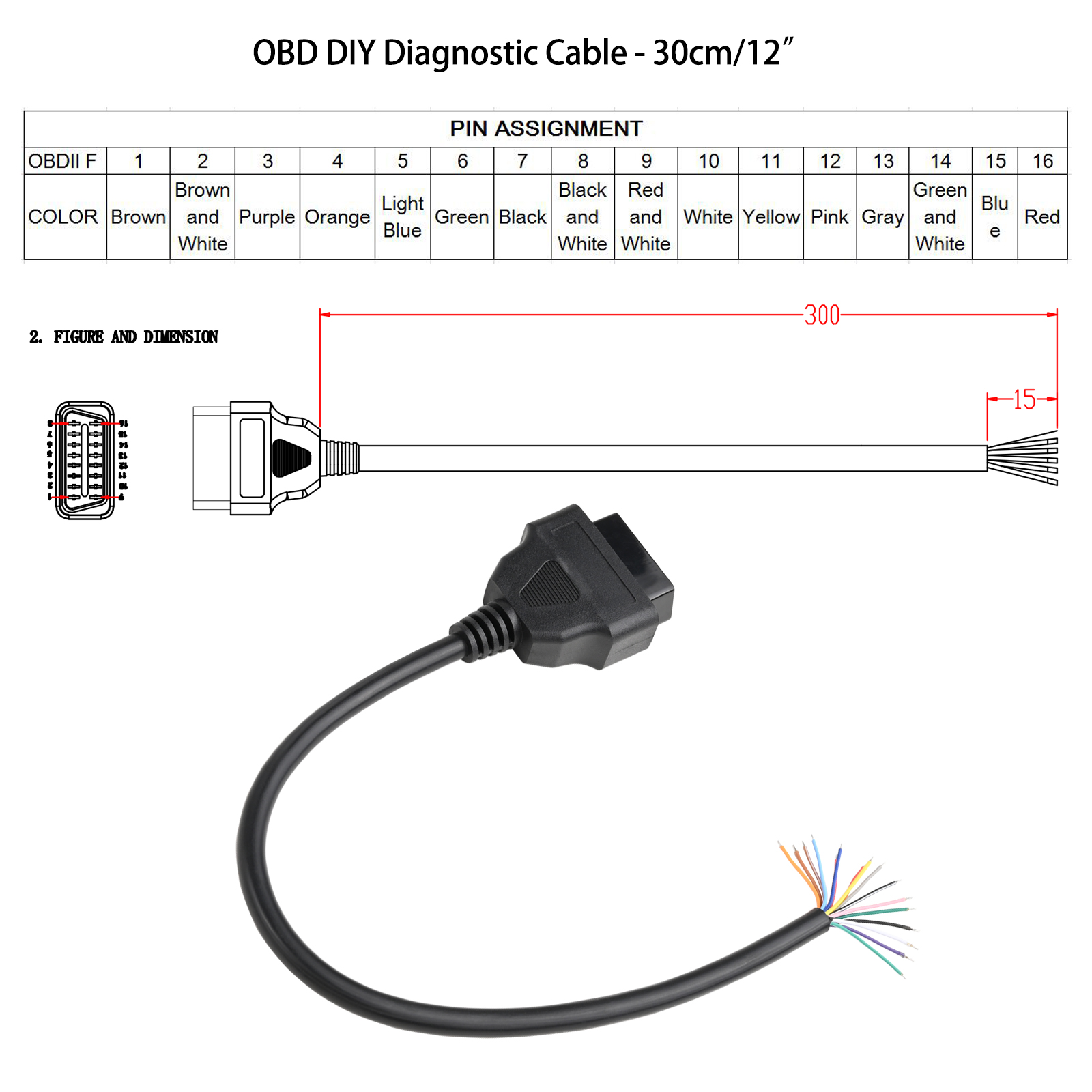 30cm 16-Pin OBD2 Female Connector Pigtail DIY Cable Cord - Click Image to Close