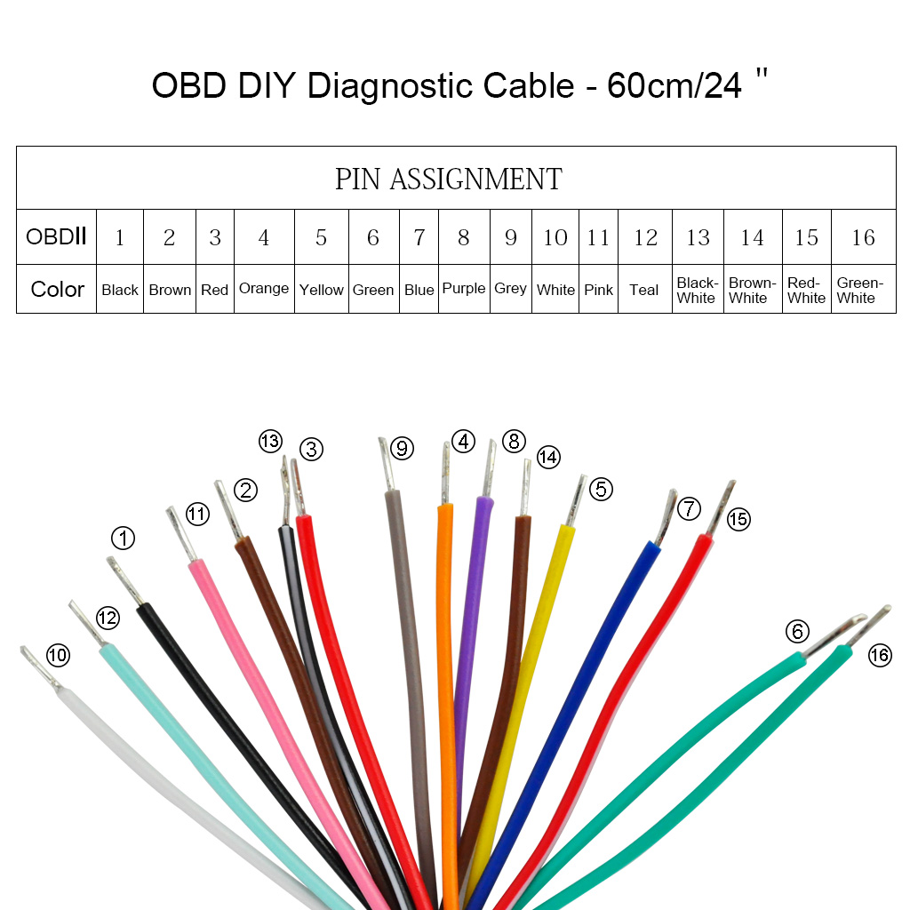 60cm 16-Pin OBD2 Female Connector Pigtail DIY Cable Cord